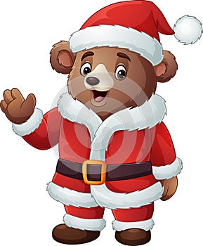 Cartoon bear in santa claus costume waving hand