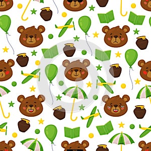 Cartoon bear seamless pattern. Funny animals heads, brown grizzly characters, forest mammals faces and objects, recent photo