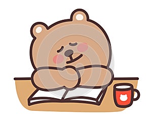 Cartoon bear sleeping while reading a book. Vector illustration.