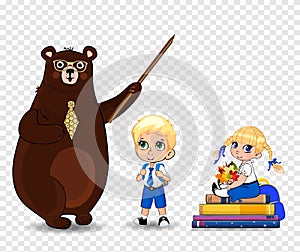 Cartoon bear teacher in glasses holding pounter and school children isolated, clip art