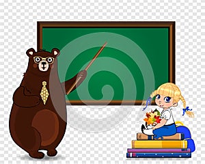 Cartoon bear teacher and school girl sitting on books pile near clear blackboard clip art