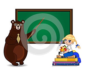 Cartoon bear teacher and school girl sitting on books pile near clear blackboard on white