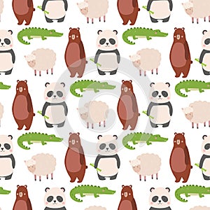 Cartoon bear zoo animals character different sheep crocodile panda pose vector seamless pattern background