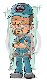 Cartoon bearded exterminator in blue uniform