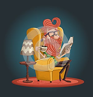 Cartoon bearded hipster man reading book