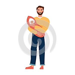 Cartoon bearded man with a baby in his arms. Isolated image of an adult and a newborn child. Registration of benefits, single, hap