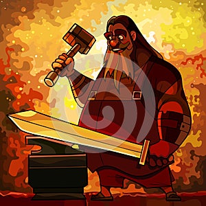 Cartoon bearded man blacksmith forges a sword in a fire forge