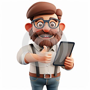 Cartoon Bearded Man With Glasses and Beard Using Smart Phone