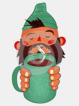Cartoon bearded man holds a mug with a hot drink in his hands. Retro grunge vector illustration.