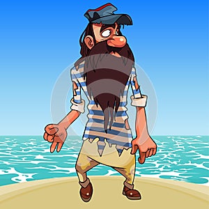 Cartoon bearded survivor man in tattered clothes