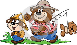 Cartoon bears, father and son, going to fishing to spend some time together vector