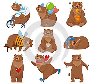 Cartoon bears. Happy bear, grizzly eats honey and brown bear character in funny poses isolated vector illustration