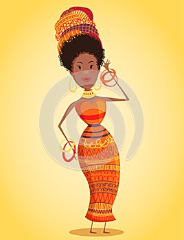 Cartoon beautiful African woman in turban and traditional costume with ethnic geometric ornament full length.