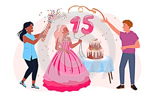 Cartoon beautiful girl in pink dress and friends celebrate with cake, boy holding balloons with number 15. Quinceanera