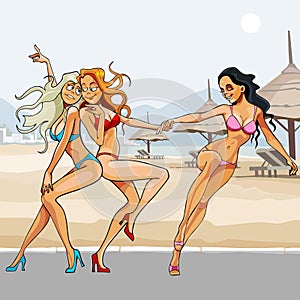 Cartoon beautiful girls in bikinis dancing on the beach