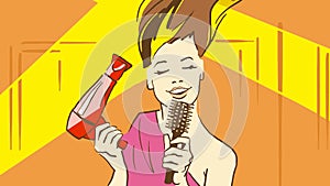 Cartoon Beautiful Lady Drying Her Hair by Hairdryer And Sinnging Song Holding a Hair Brush Like Microphone