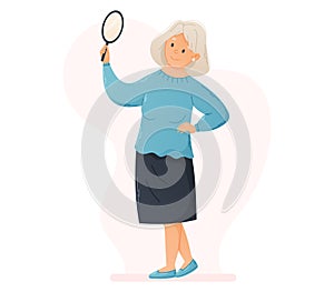 Cartoon Beautiful Old Woman looking at herself in a hand held round Mirror. Isolated Flat illustration of a standing