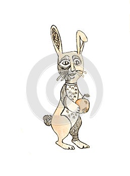 Cartoon beautiful rabbit. Graphic rabbit with food in its paws. an unusual fairy-tale hare with an Ð°pple, drawn on a white