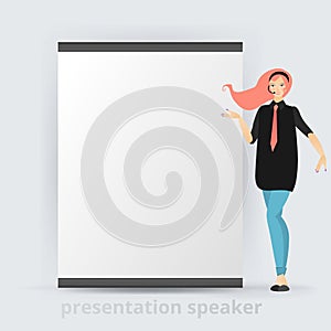 Cartoon beautiful smiling woman presentation speaker near big clean board  business lady, vector illustration