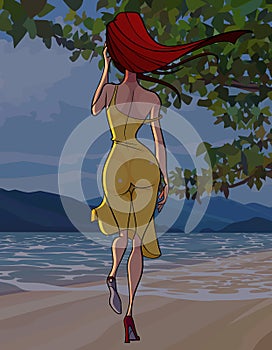 Cartoon beautiful woman in dress strides along the seashore photo
