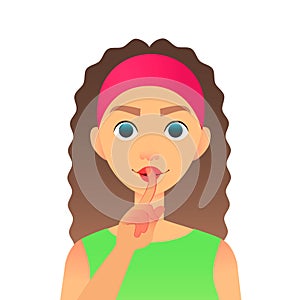 Cartoon beautiful woman saying hush be quiet with finger on lips gesture. Flat vector secret girl. Female silent gesture