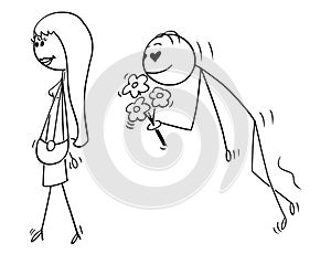 Cartoon of Beautiful Young Woman and Amorous Swain Following Her With Flowers