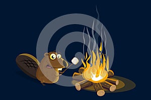 cartoon beaver grilling marshmallow at a campfire