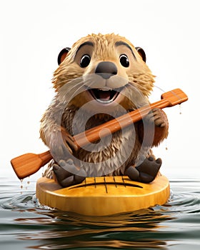 a cartoon beaver is on a paddle board in the water. generative ai