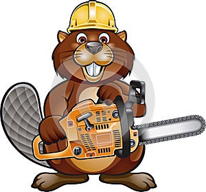 Cartoon beaver wearing safety helmet and holding chainsaw