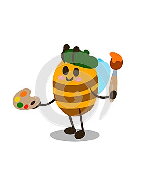 Cartoon bee artist with palette and brush. vector illustration. Image isolated on white background. Design element.