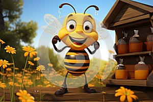 Cartoon bee on beehive, waving beside honey jars, honeybees in flight charming countryside scene