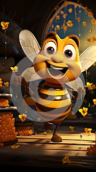 Cartoon bee on beehive, waving beside honey jars, honeybees in flight charming countryside scene