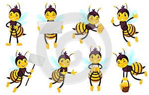 Cartoon bee character. Bees honey, flying cute honeybee and funny yellow bee mascot vector illustration set