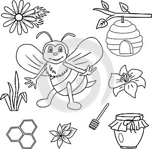 Cartoon bee for children\'s coloring book. Vector clipart bee, beehive, honeycomb, honey jar, flowers, and grass