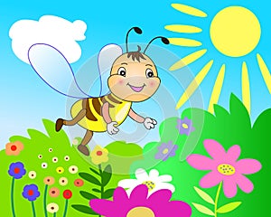 cartoon bee flies over flowers and the sun is shining