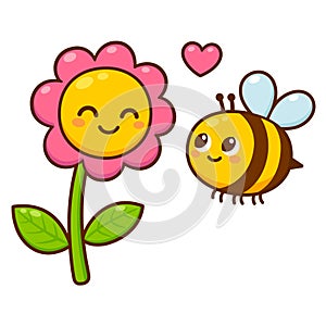 Cartoon bee and flower in love