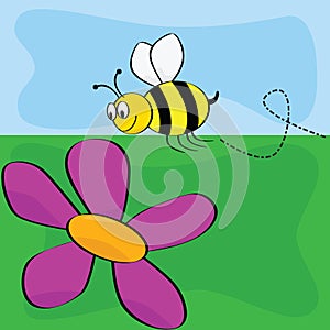 Cartoon bee flying near flower