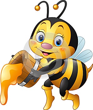 Cartoon bee holding bucket with honey dripping