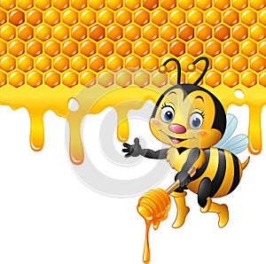 Cartoon bee holding dipper with honeycomb and honey dripping