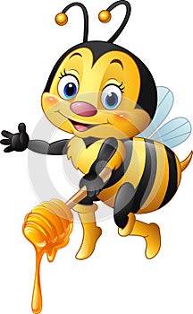 Cartoon bee holding honey dipper
