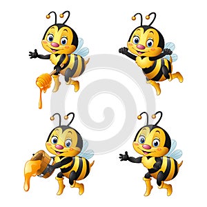 Cartoon bee with honey collections set