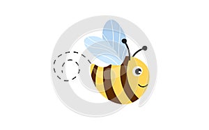 Cartoon bee mascot. A small bees flying on a dotted route. Wasp collection. Vector characters. Incest icon. Template