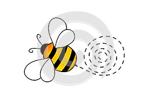 Cartoon bee mascot. A small bees flying on a dotted route. Wasp collection. Vector characters. Incest icon. Template