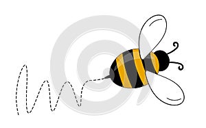 Cartoon bee mascot. A small bees flying on a dotted route. Wasp collection. Vector characters. Incest icon. Template photo