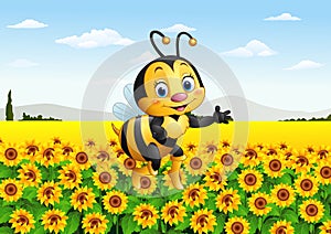 Cartoon bee in the sunflower field