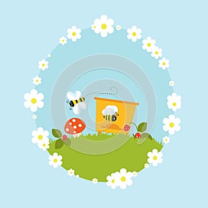Cartoon beehive honey bees flowers fruits vintage