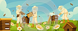 Cartoon beekeepers at apiary. Honey bees flying around beehives in flower field, blooming wildflowers and apiary workers