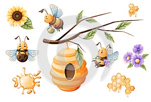 Cartoon bees, beehive, sunflower, honeycombs, honey. Set of illustrations for stickers, print, books.