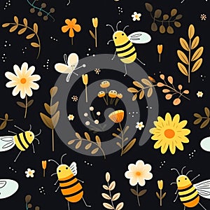 Cartoon bees and flowers seamless background illustration