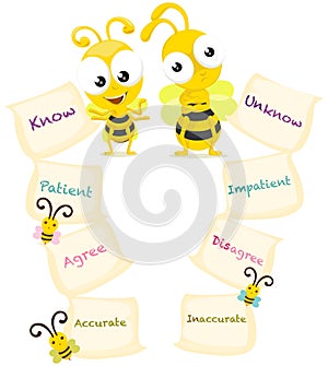 Cartoon bees with opposite words